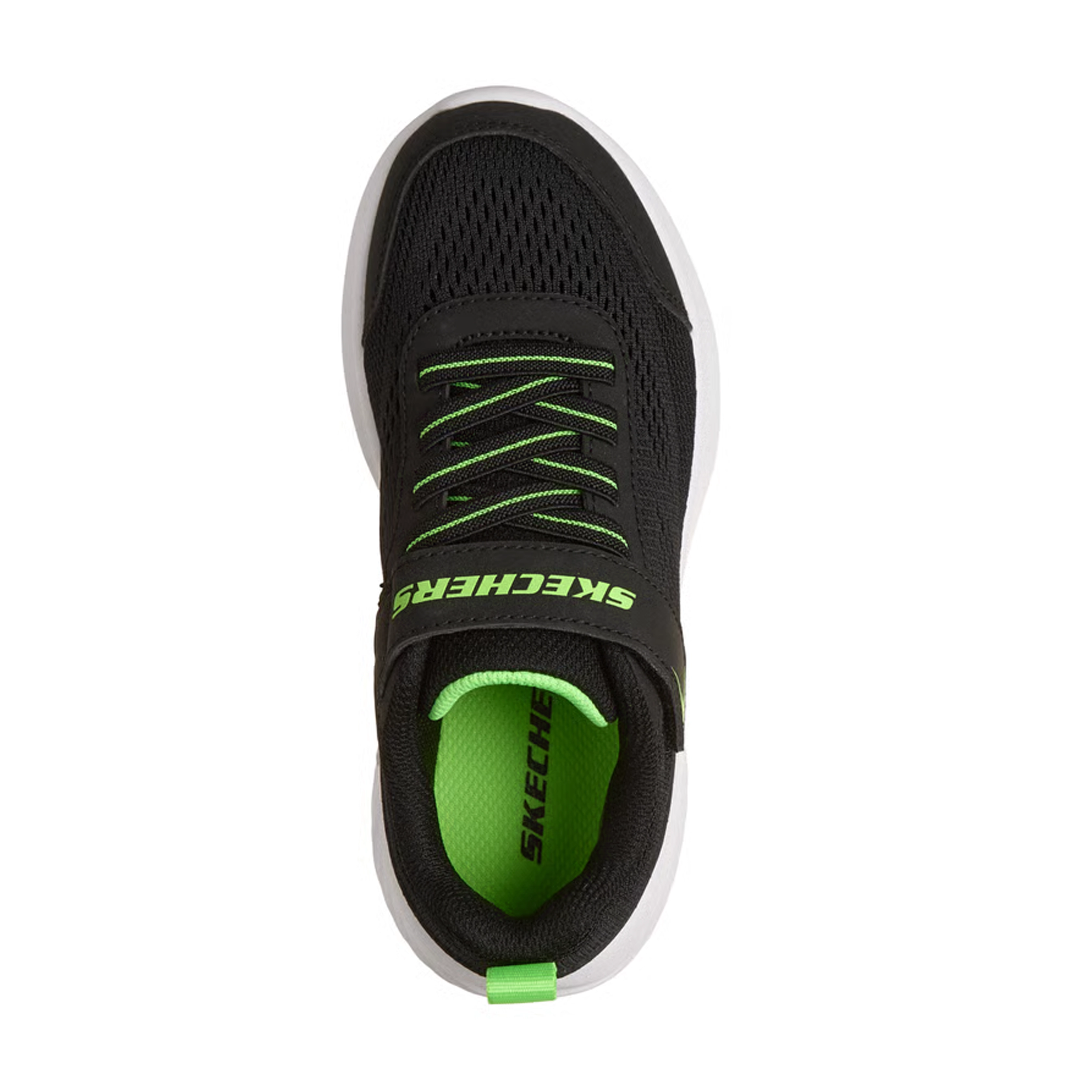 Solado branco do tênis infantil Skechers com detalhes verde neon